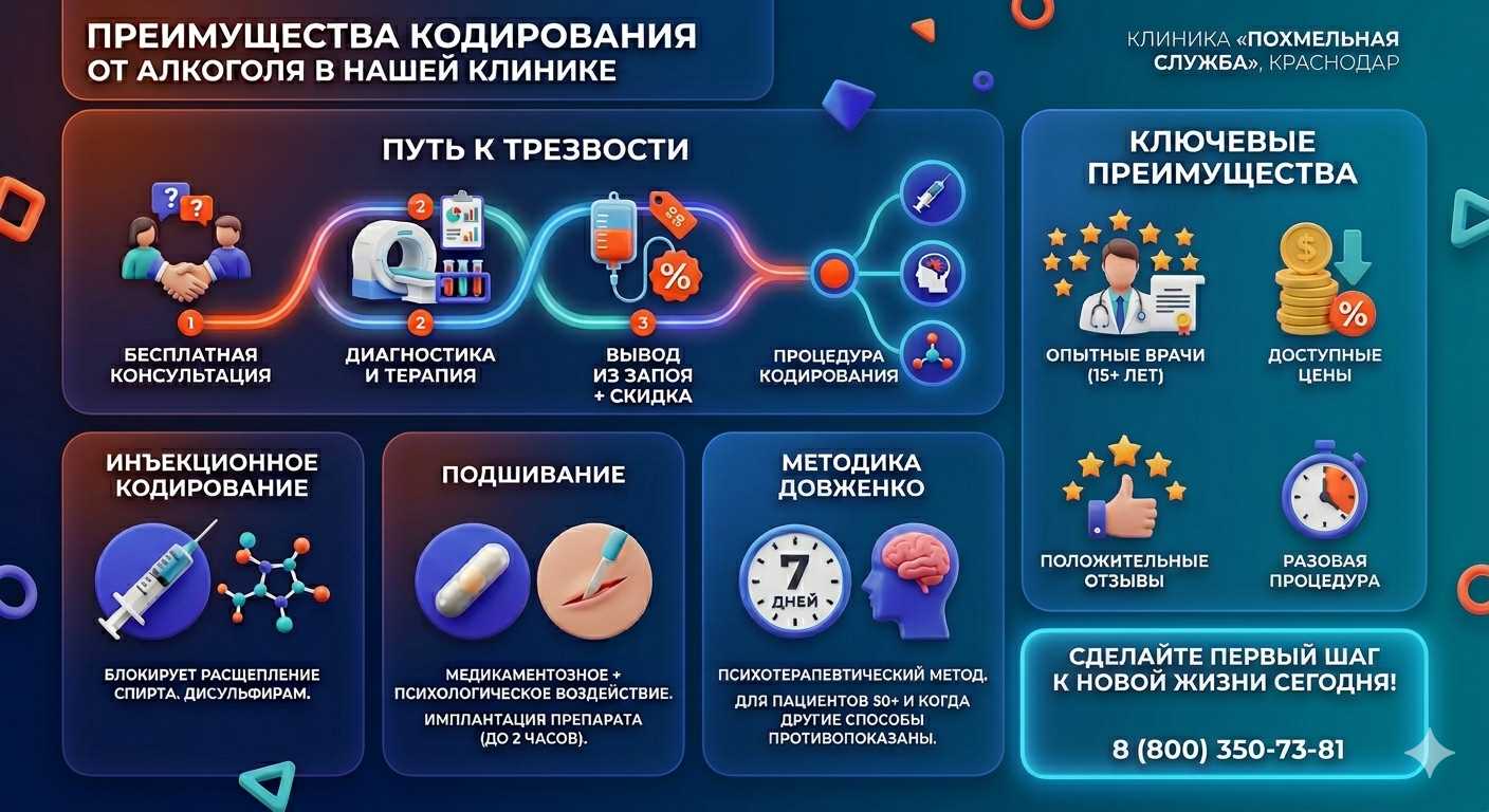 Инфографика о методах кодирования от алкоголя в Звездном: инъекции, подшивание, метод Довженко. Преимущества клиники и этапы лечения.