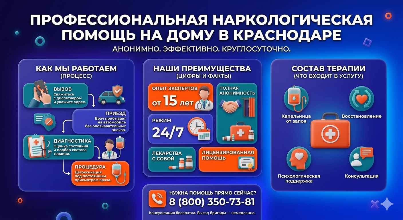 Инфографика о принципах лечения алкоголизма на дому в Звездном: этапы вызова нарколога, преимущества анонимной детоксикации и состав медицинской помощи.